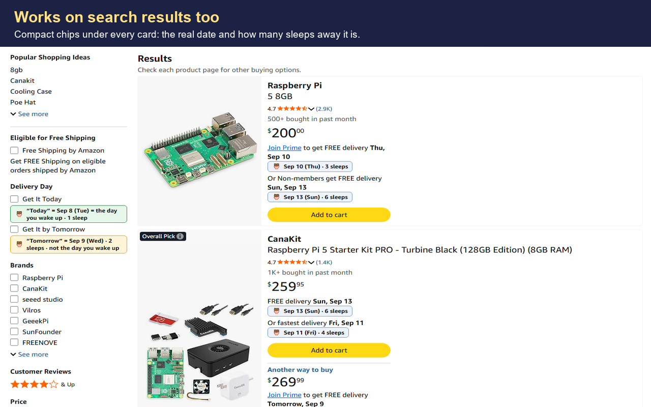 Search results with compact date chips