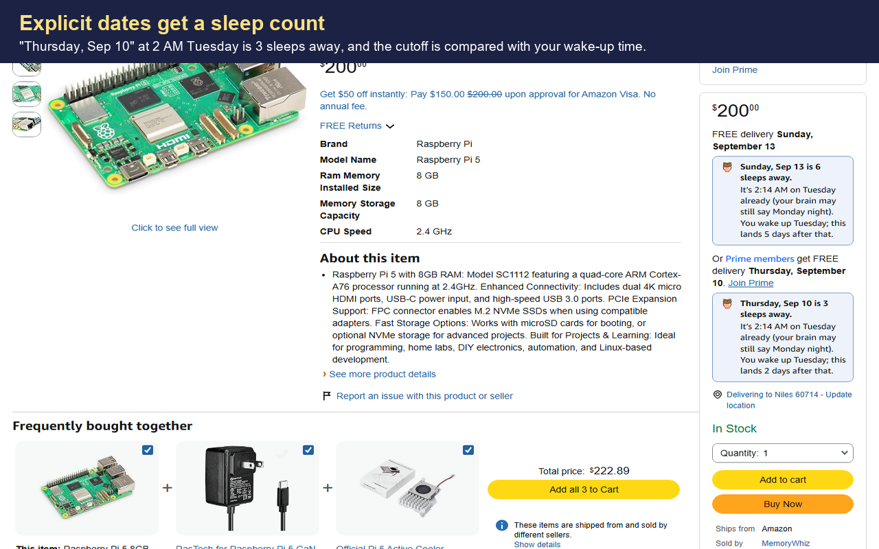 Product page with sleep-count banners